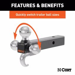 CURT Multi-Ball Mount with Tow Hook, 2" Solid Shank, 1-7/8", 2" & 2-5/16" Chrome Balls thumbnail 1