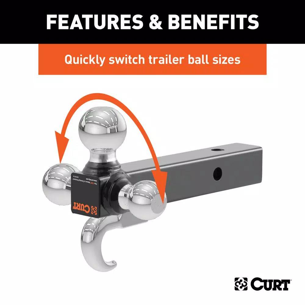 CURT Multi-Ball Mount with Tow Hook, 2" Solid Shank, 1-7/8", 2" & 2-5/16" Chrome Balls