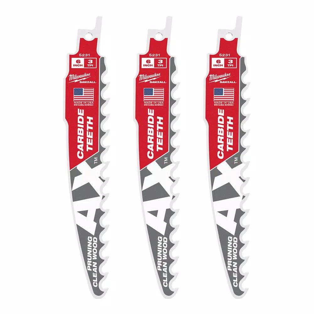 Milwaukee 6 in. Carbide Teeth Pruning Reciprocating Saw Blade, 3 TPI (3-Pack)