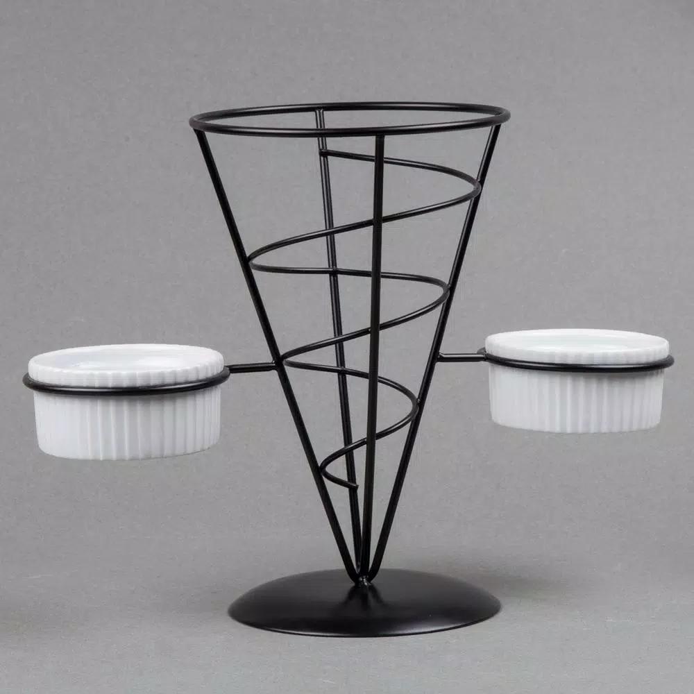 Creative Home Black Iron Wire French Fry Holder Set with 2 Ceramic Ramekins for Dipping Sauce