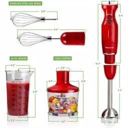 Ovente HS565 300W Immersion Blender Set with Chopper, Whisk, and 24 oz. Beaker - Red thumbnail 5