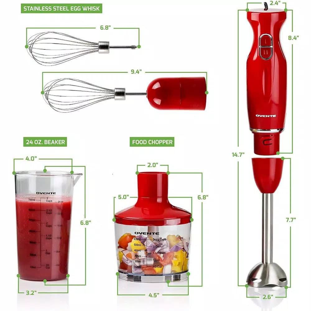 Ovente HS565 300W Immersion Blender Set with Chopper, Whisk, and 24 oz. Beaker - Red