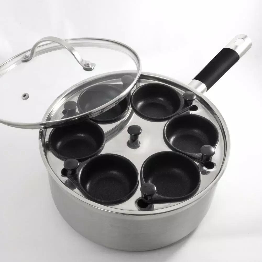 ExcelSteel Professional 6-Cup Stainless Steel Egg Poacher Set with Non-Stick Cups and Silicone Spatula
