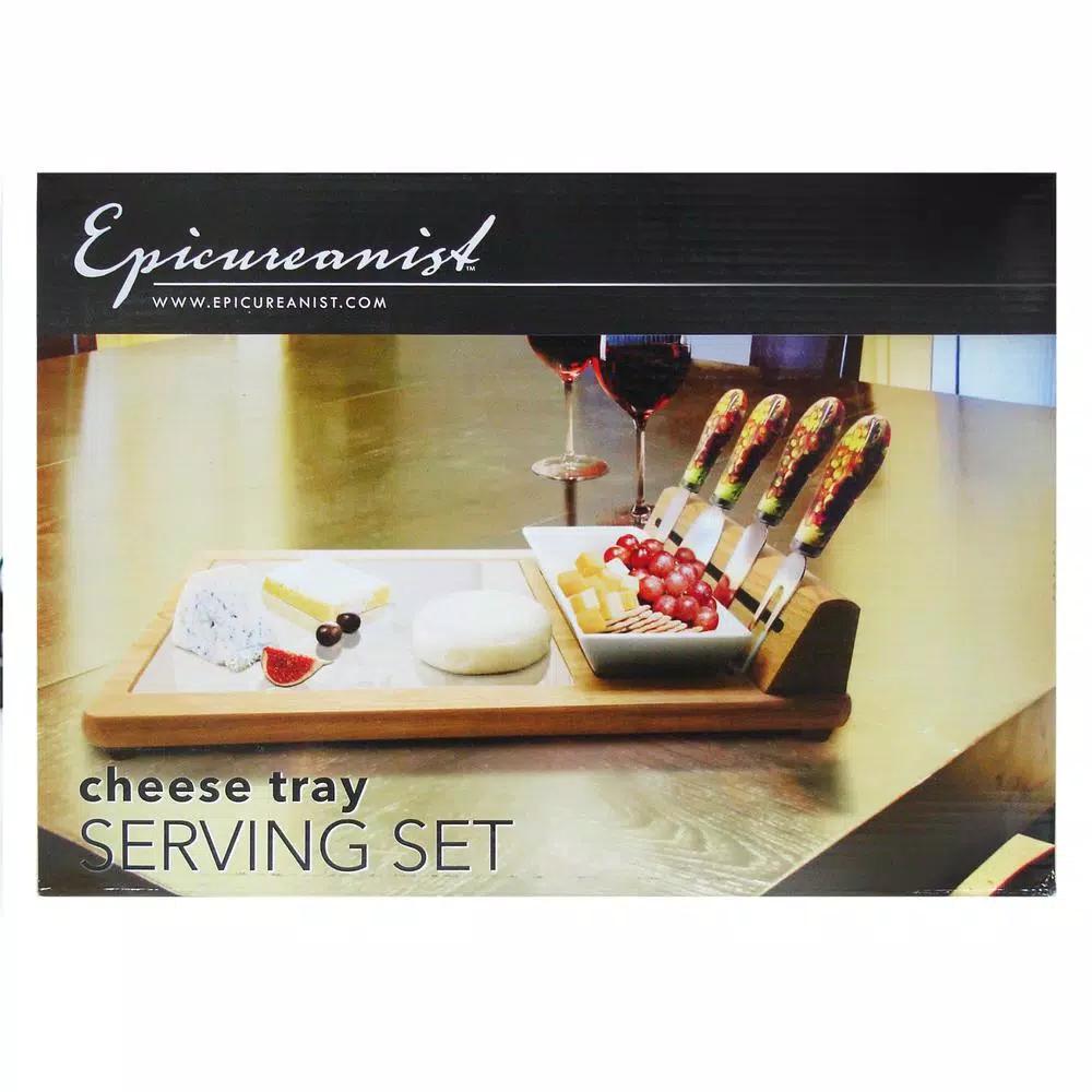 Epicureanist Sonoma Cheese Tray Serving Set with Bamboo Board, Glass Center, and Ceramic Dish