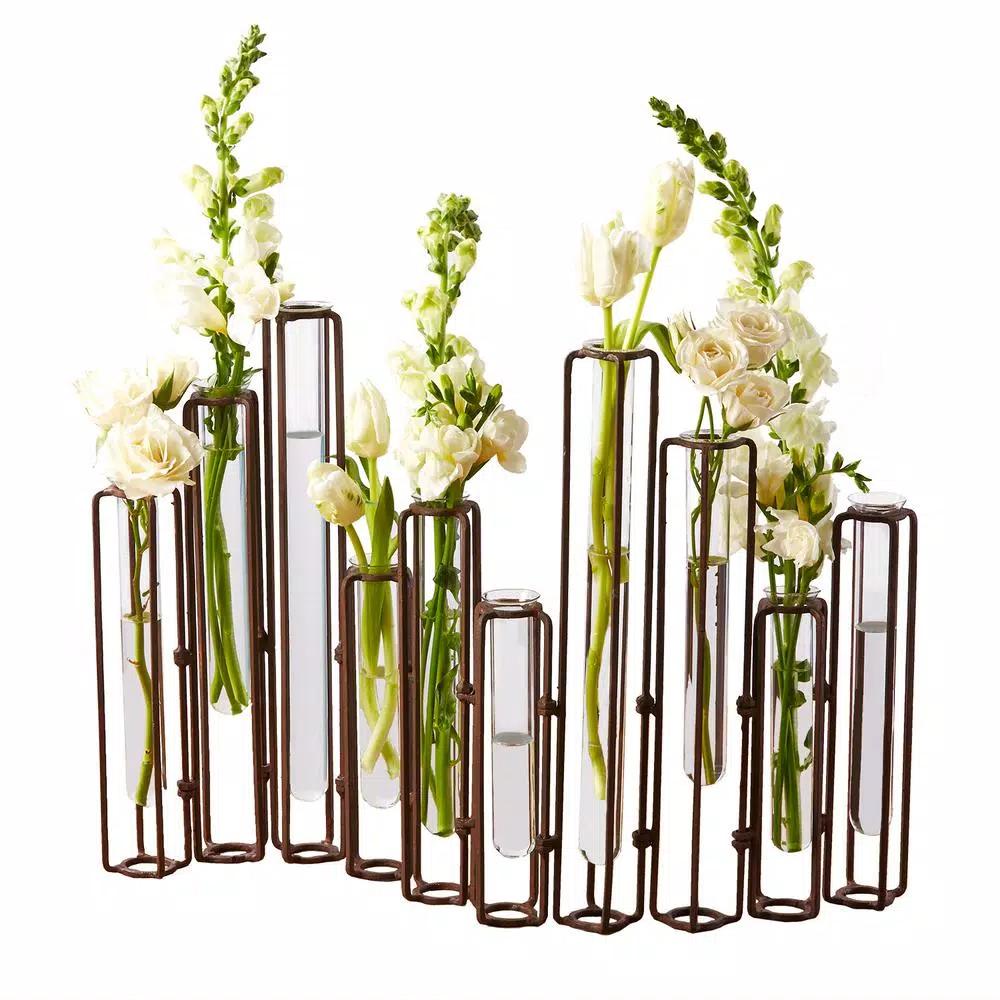 Two's Company Lavoisier 13 in. Dark Brown Hinged Flower Vase Set of 10 with Antiqued Rusted Finish