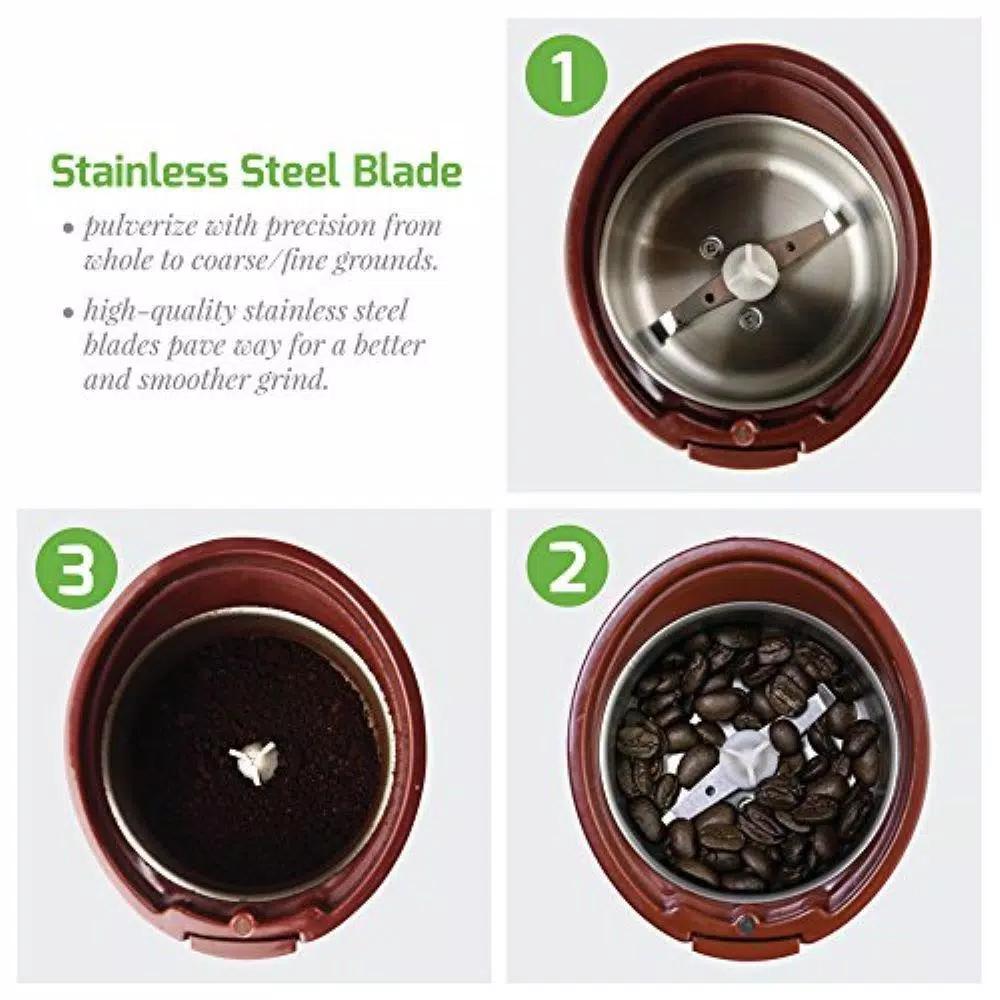 Ovente 2.5 oz. Electric Coffee Grinder with Stainless Steel Blades and Transparent Lid, Brown