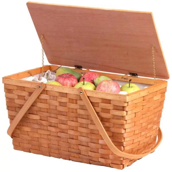 Vintiquewise Large Handwoven Woodchip Picnic Basket with Wooden Lid and White Lining