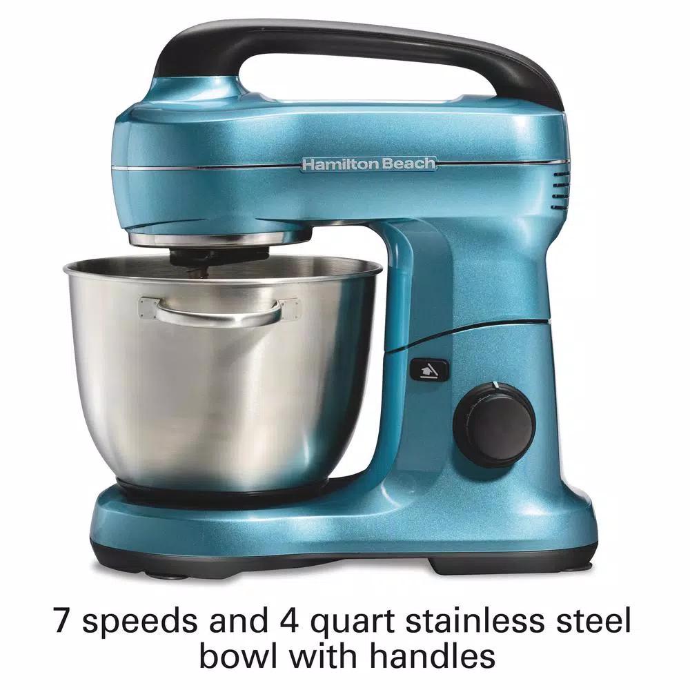 Hamilton Beach 4 Qt. 7-Speed Stand Mixer with Stainless Steel Bowl and Attachments, Blue