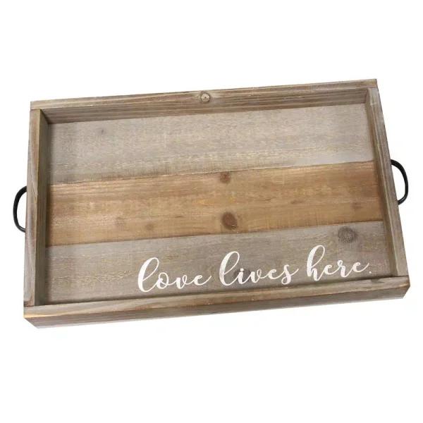 Stratton Home Decor "Love Lives Here" Distressed Wood Decorative Tray