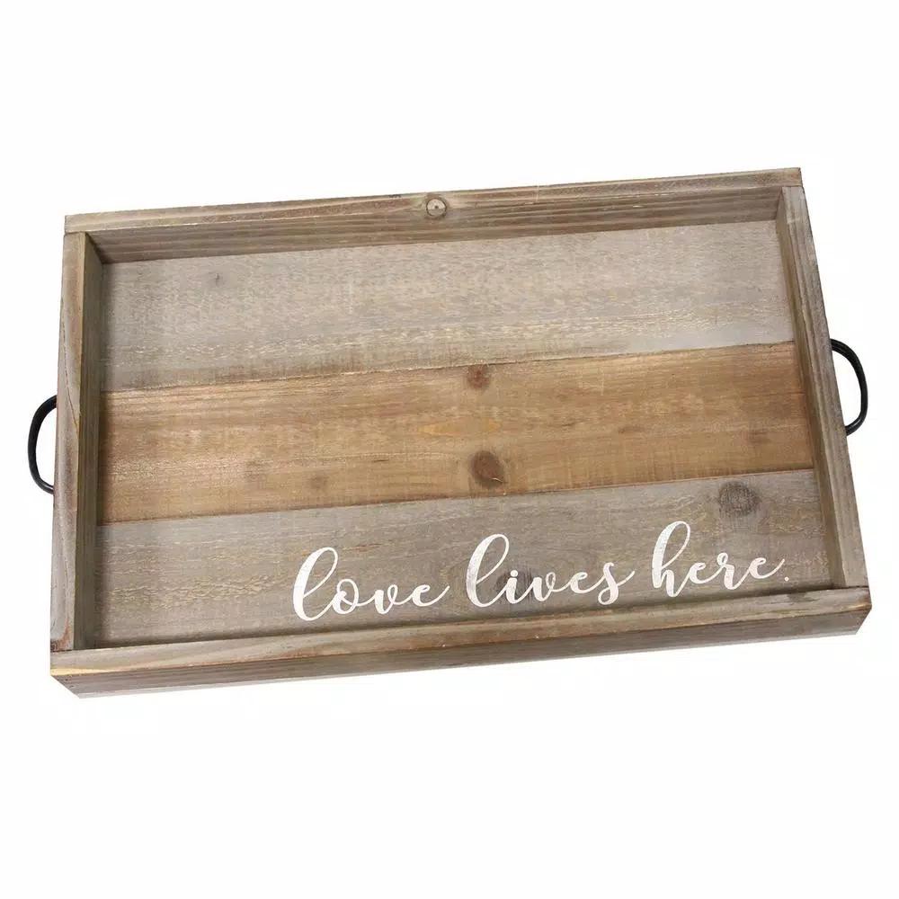Stratton Home Decor "Love Lives Here" Distressed Wood Decorative Tray
