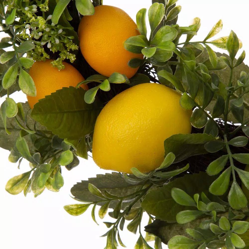 Glitzhome 28 in. Wooden Window Frame with 22 in. Greenery Lemon Wreath Decor