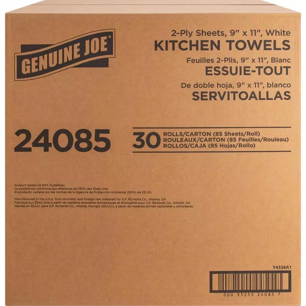 Genuine Joe White Perforated Roll Towels, 2-Ply, 30 Rolls per Carton (85 Sheets per Roll)