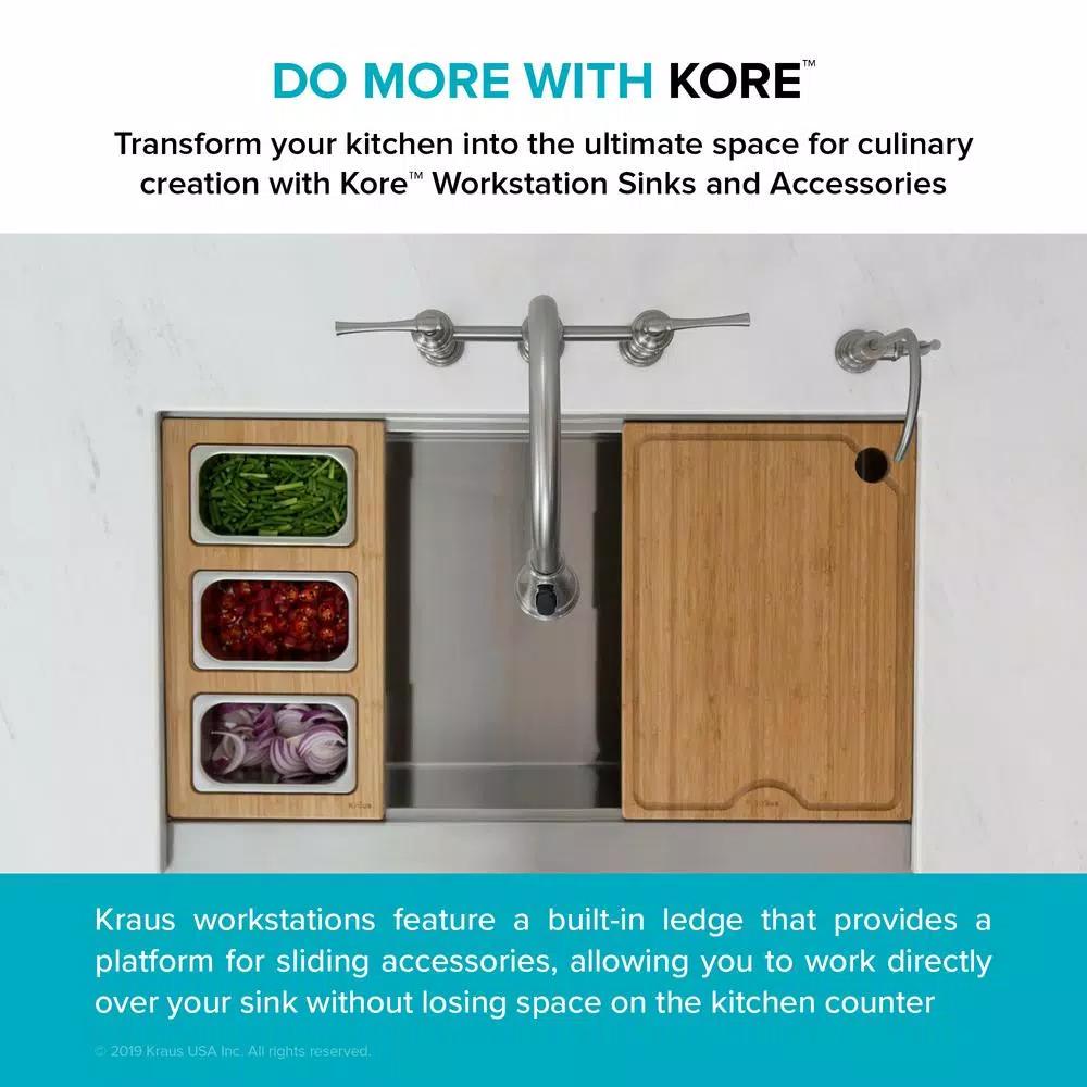 KRAUS Workstation Kitchen Sink Accessory Set: Bamboo Serving Board & 3 Stainless Steel Prep Bowls