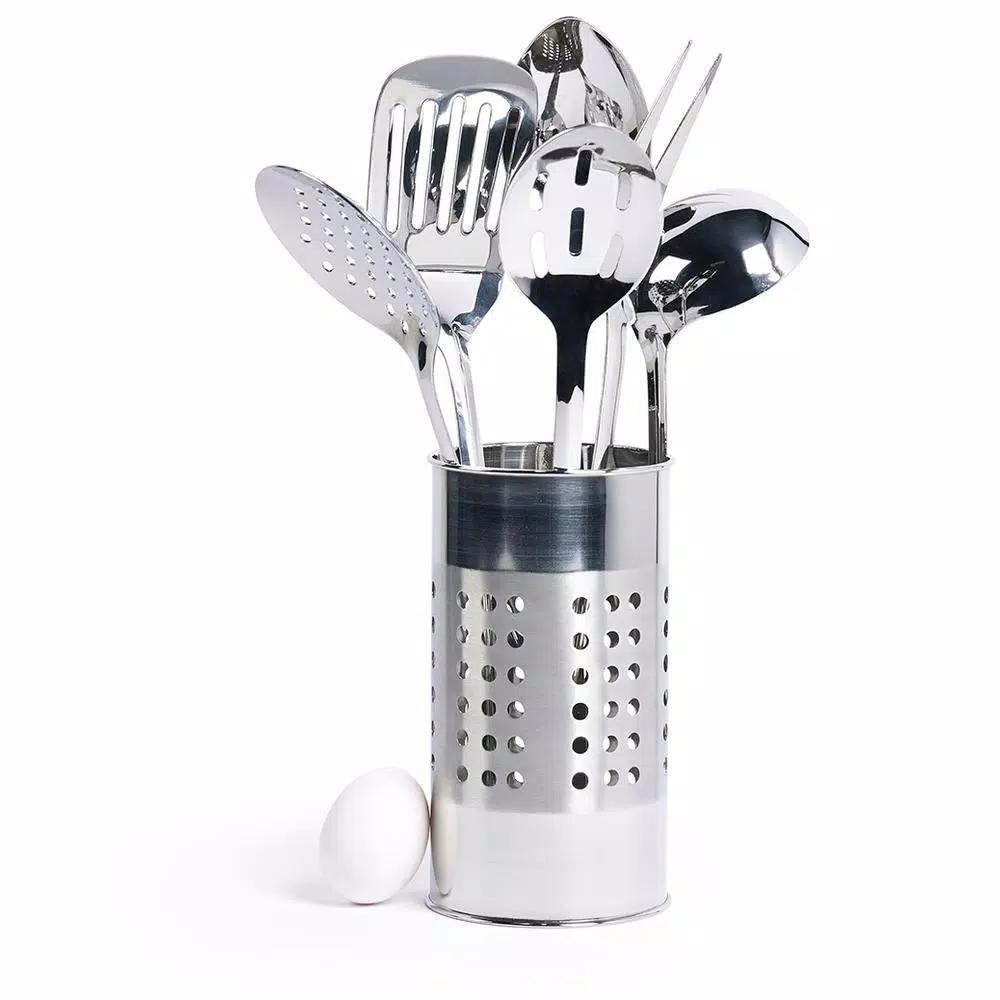 Basic Essentials 7-Piece Stainless Steel Kitchen Utensil Set with Organization Tub