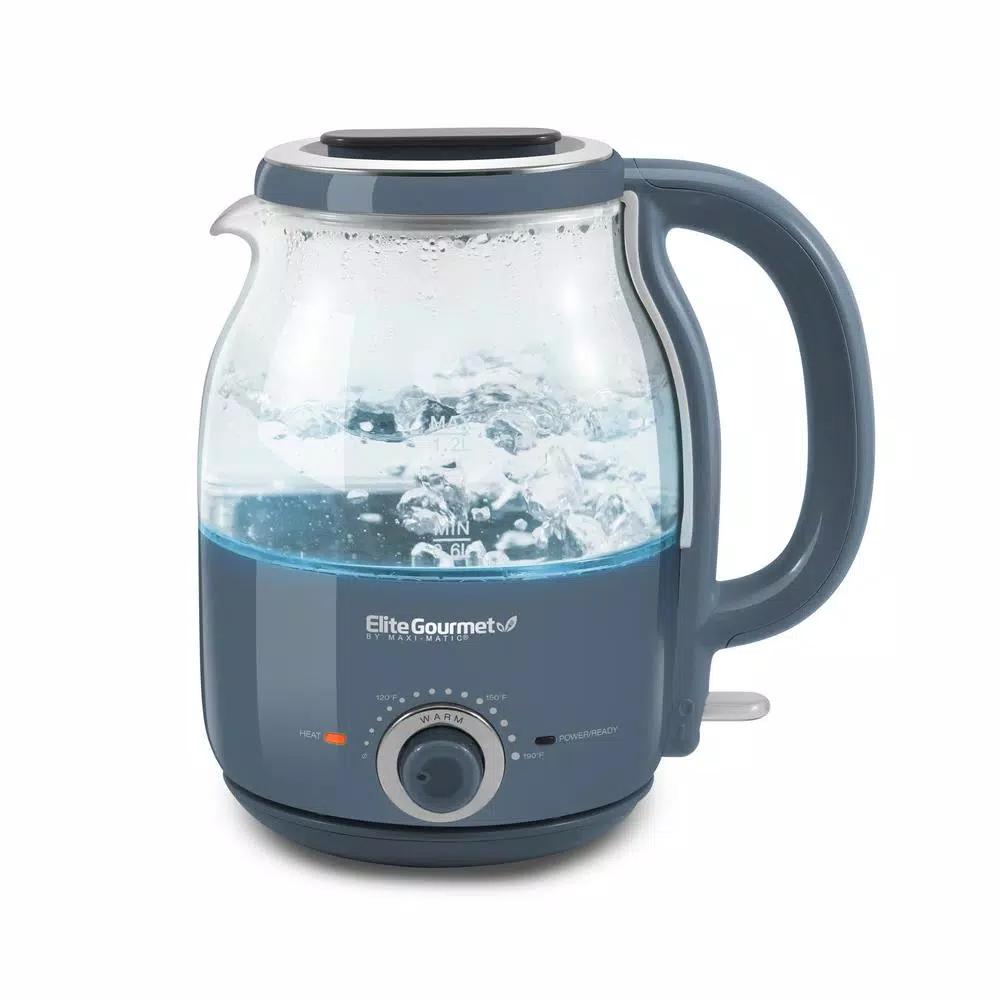 Elite Gourmet 1.2L Adjustable Temperature Electric Glass Kettle, Slate Blue