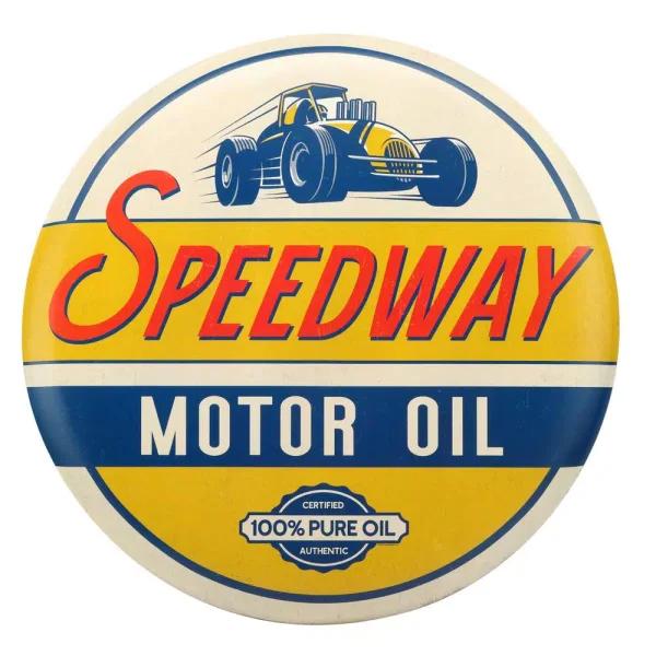 Speedway Motor Oil Vintage Tin Sign - 24 inch Round Embossed Metal Wall Decor