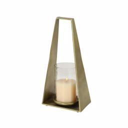 LITTON LANE Large Modern Gold Metal Triangular Candle Holder with Textured Hurricane Glass thumbnail 2