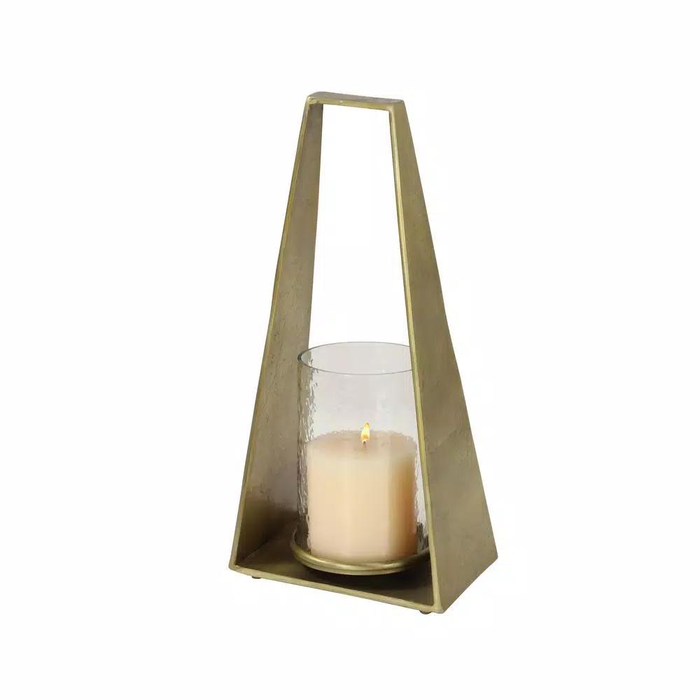 LITTON LANE Large Modern Gold Metal Triangular Candle Holder with Textured Hurricane Glass