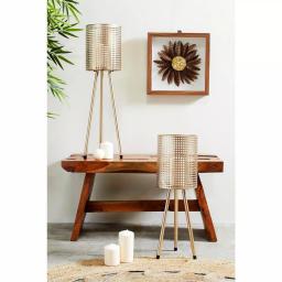 LITTON LANE Gold Mesh Metal Candle Holders on Tripod Bases, Set of 2, Industrial Style Lanterns thumbnail 1