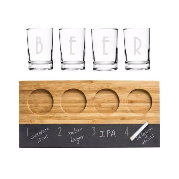 Cathy's Concepts Bamboo and Slate Craft Beer Tasting Flight Set with 4 Engraved 5.5 oz. Taster Glasses