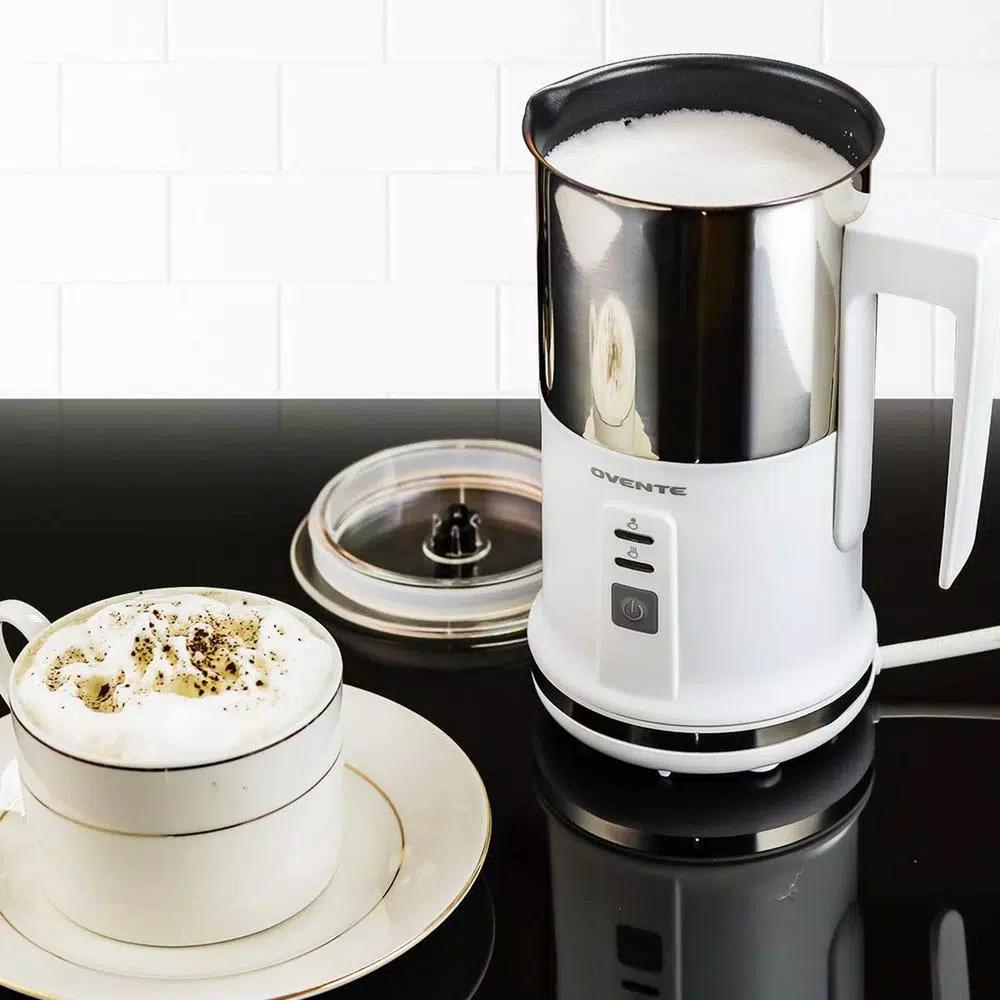 Ovente 3-in-1 Electric Milk Frother & Heater, White Stainless Steel with See-Through Lid