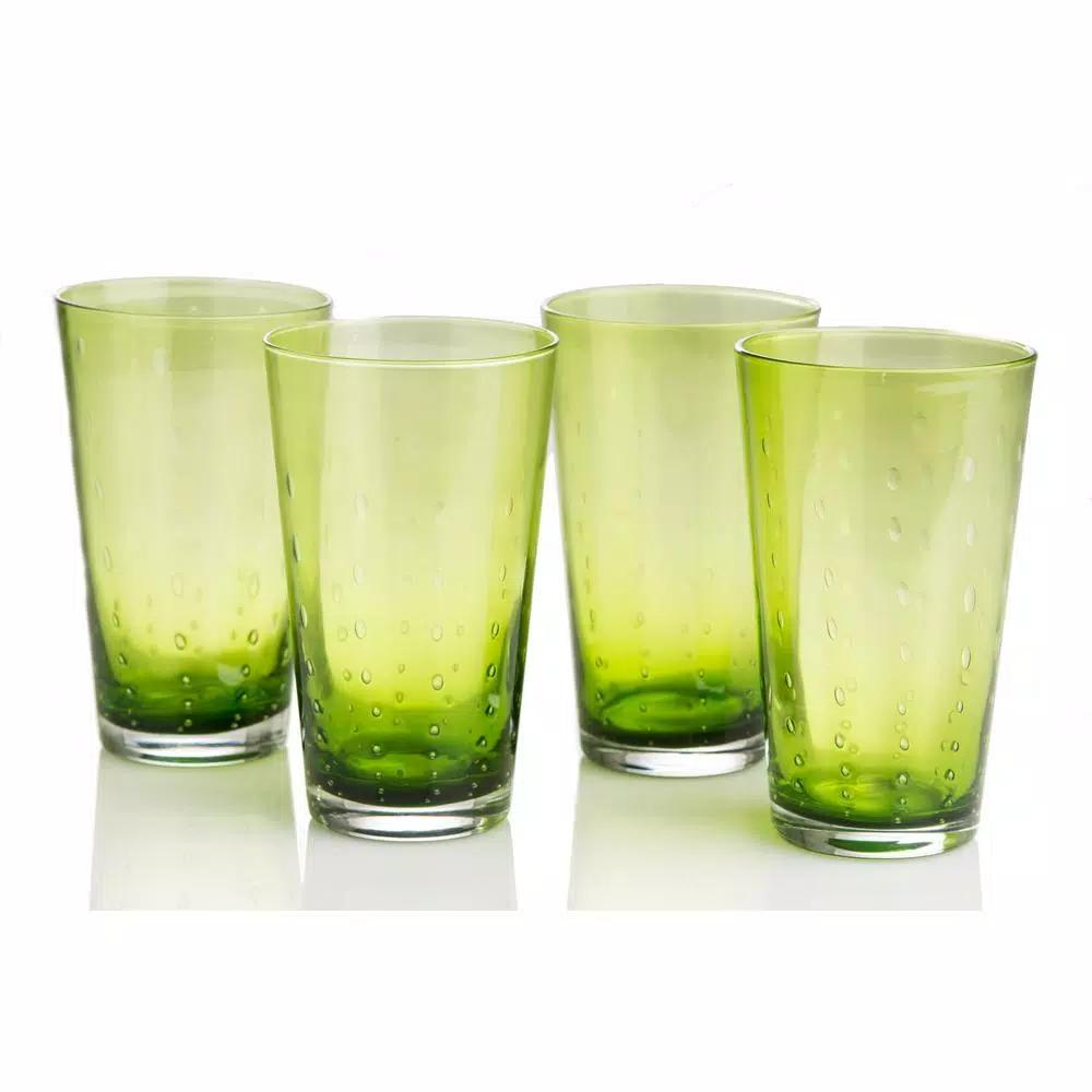 Abigails Rain Drop Green Highball Glass Set of 4 - Hand-Blown Bubble Glassware
