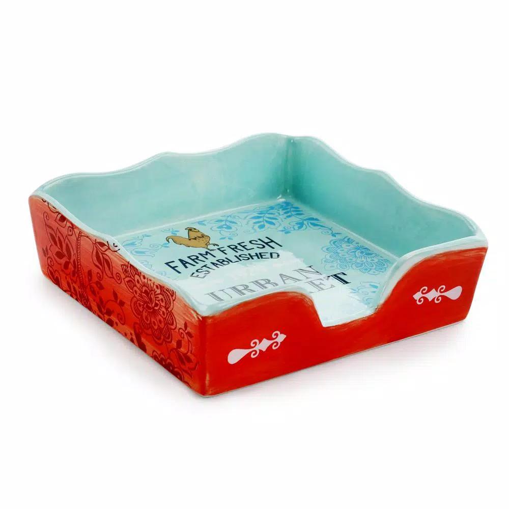 Urban Market Life On The Farm 10.2 in. Stoneware Napkin Holder - Coral and Blue Rooster Design