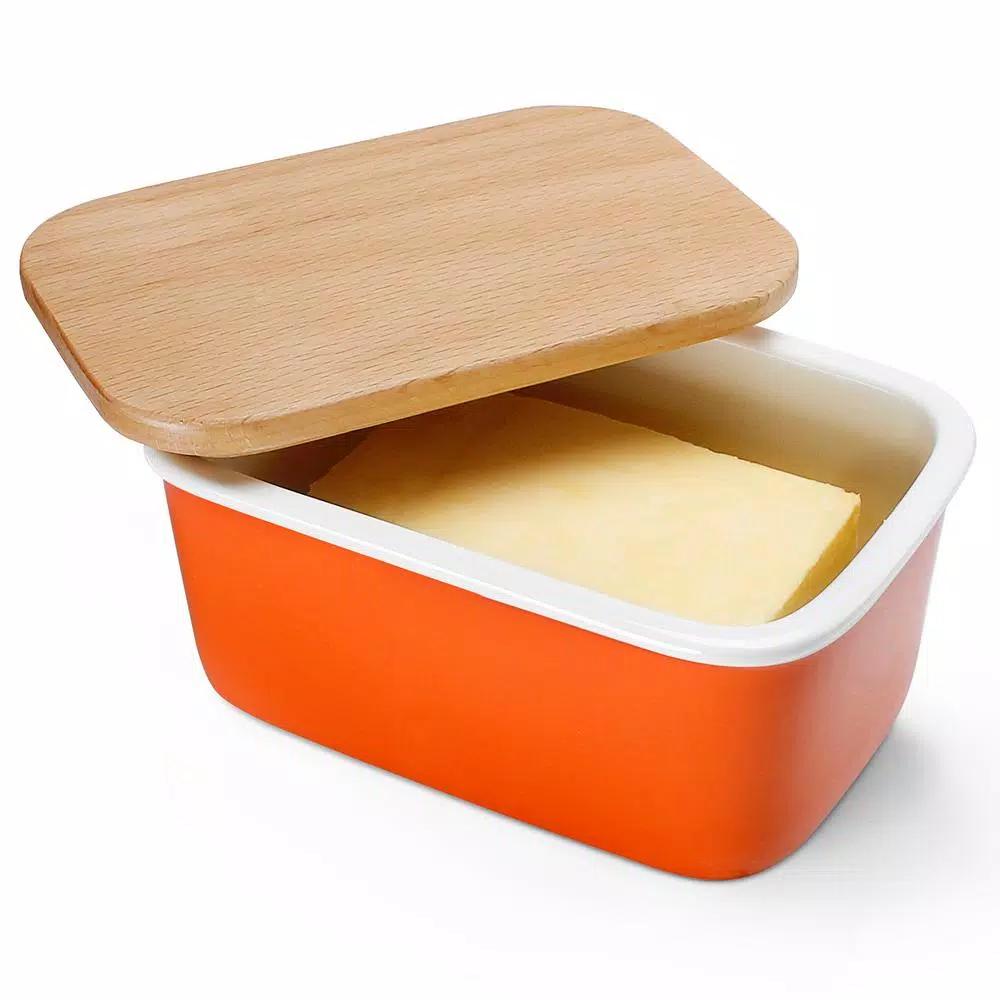 Sweese Large Porcelain Butter Dish with Beech Wood Lid, Orange