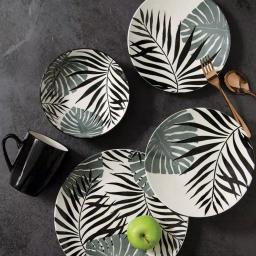 Thomson Pottery Palm Leaf 16-Piece Black Ceramic Stoneware Dinnerware Set, Service for 4 thumbnail 3