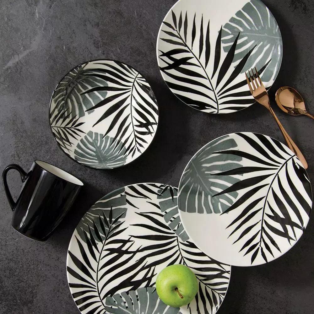 Thomson Pottery Palm Leaf 16-Piece Black Ceramic Stoneware Dinnerware Set, Service for 4