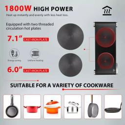 VIVOHOME 1800W 2-Burner Electric Hot Plate, Dual Cast Iron Countertop Cooktop with Stainless Steel Housing thumbnail 2