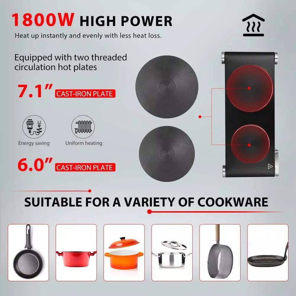 VIVOHOME 1800W 2-Burner Electric Hot Plate, Dual Cast Iron Countertop Cooktop with Stainless Steel Housing