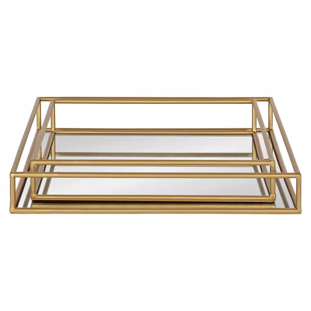 Kate and Laurel Felicia Gold Mirrored Metal Nesting Tray Set - Decorative Rectangular Trays for Home Decor