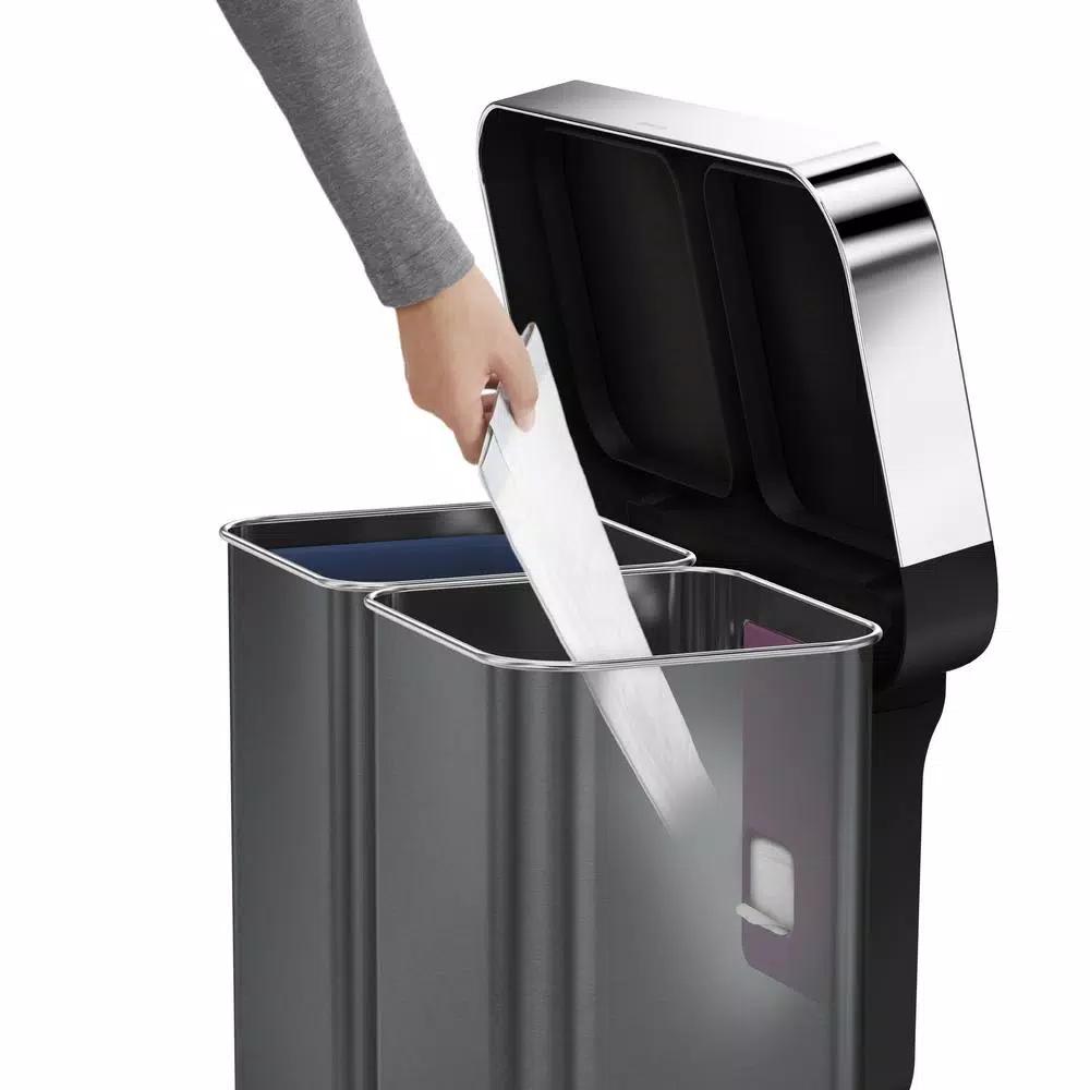 simplehuman 58L Black Stainless Steel Dual Compartment Rectangular Step-On Recycling Trash Can
