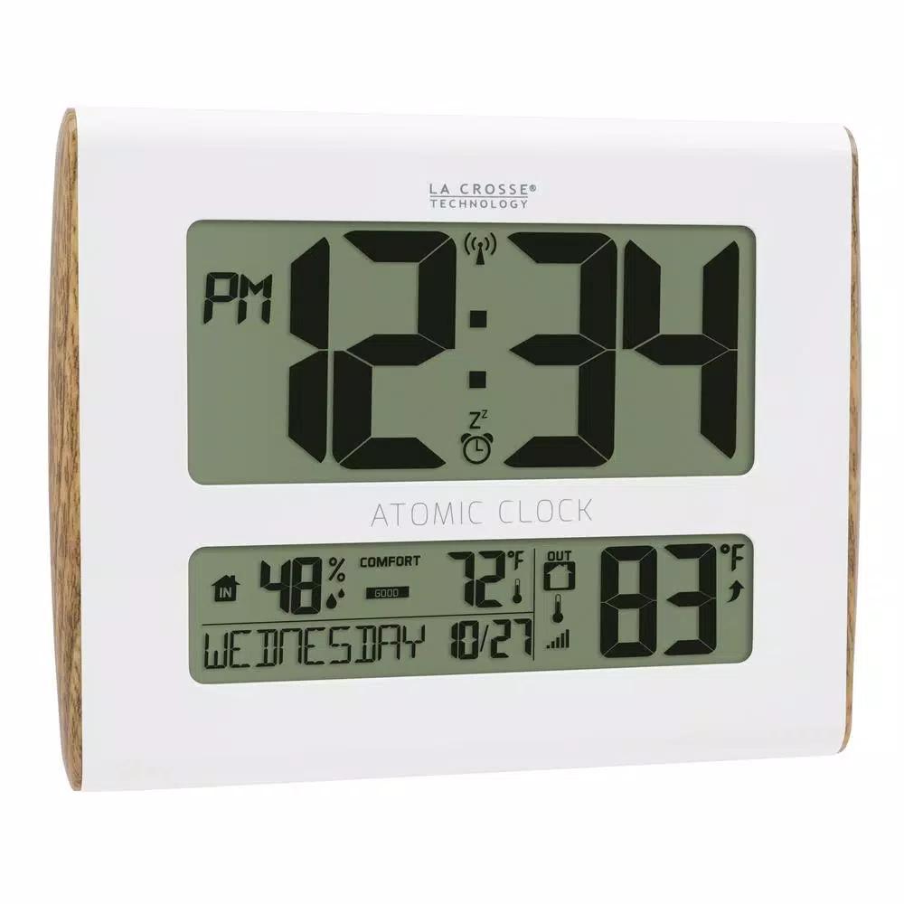 La Crosse Technology Digital Atomic Faux Wood Sided Wall Clock with Indoor/Outdoor Temperature and Humidity