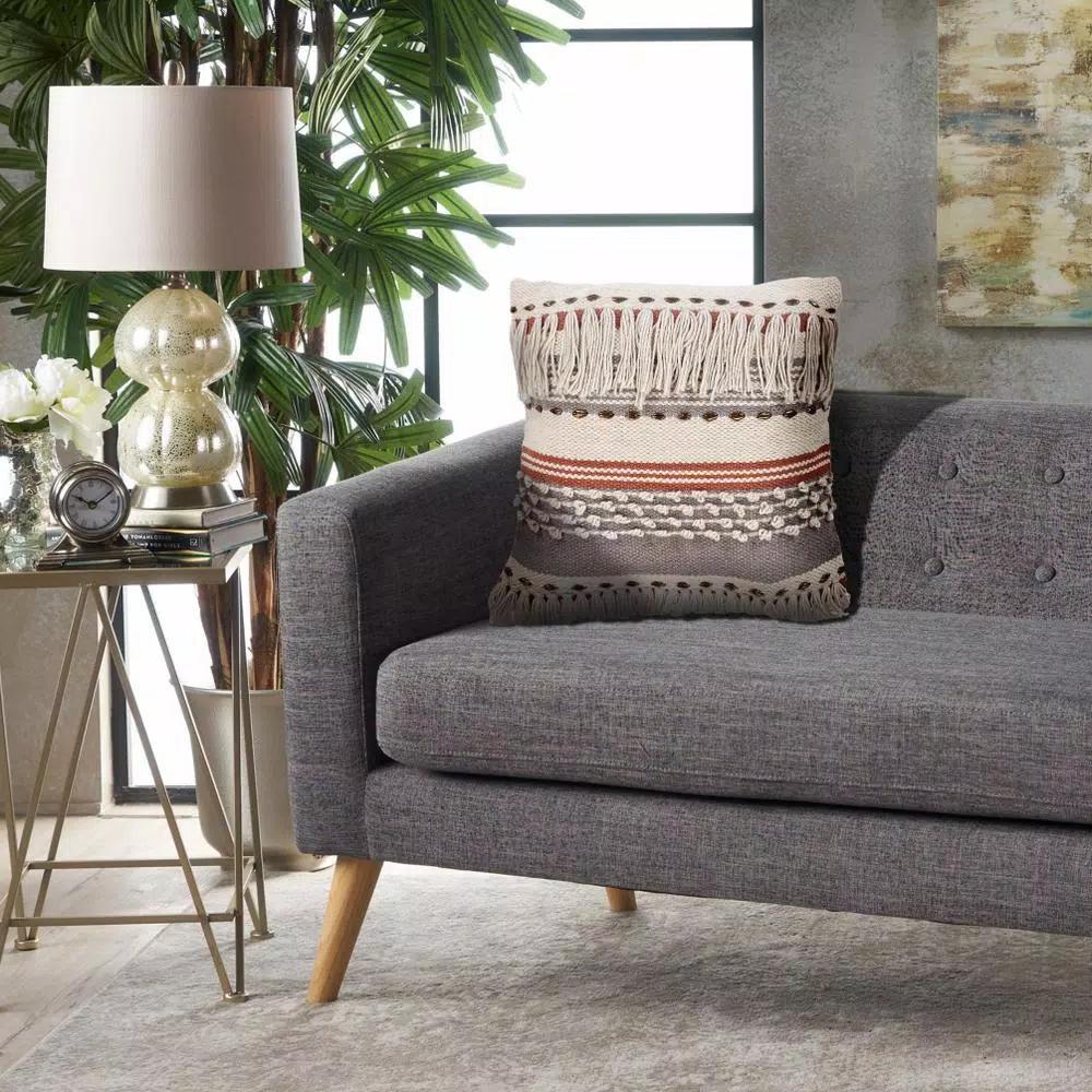 LR Resources Chic Beige Striped Fringe Throw Pillow - 18 x 18 in. Cotton Cover Hypoallergenic Polyester Fill