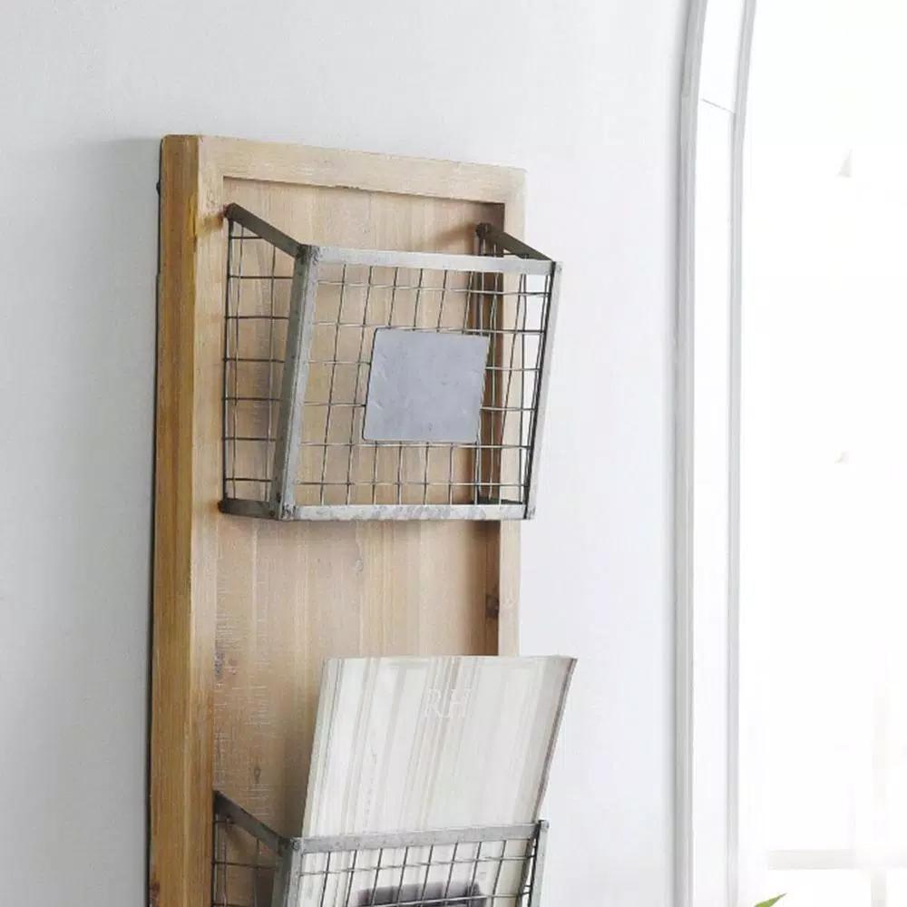 StyleWell Wood Wall Organizer with 2 Metal Wire Baskets and Chalkboard Labels