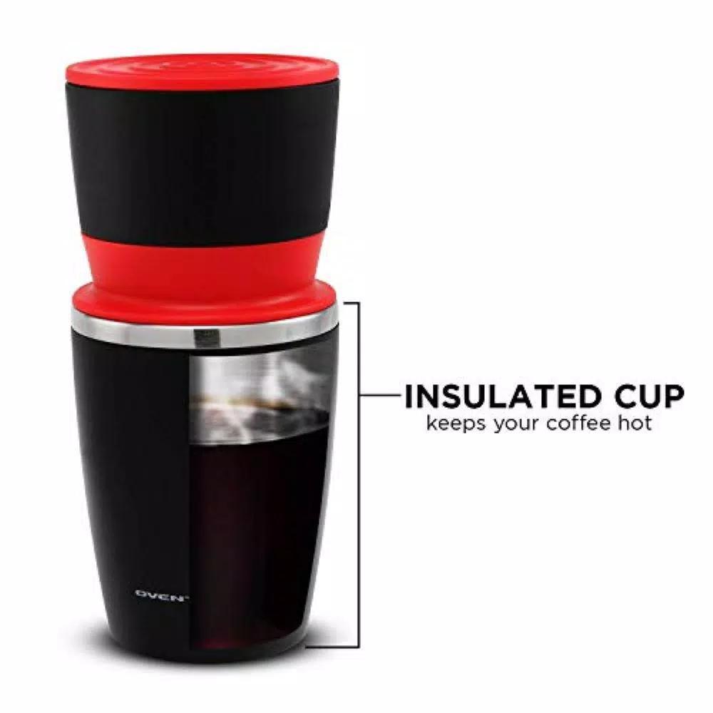 Ovente 2-in-1 Single Serve Coffee Grinder and French Press Maker with Insulated Cup, Red