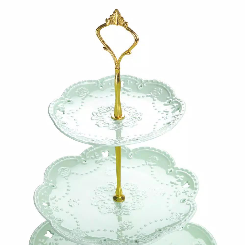 MALACASA 3-Tiered Green Porcelain Cupcake Tower Stand, Round Dessert & Cake Serving Stand