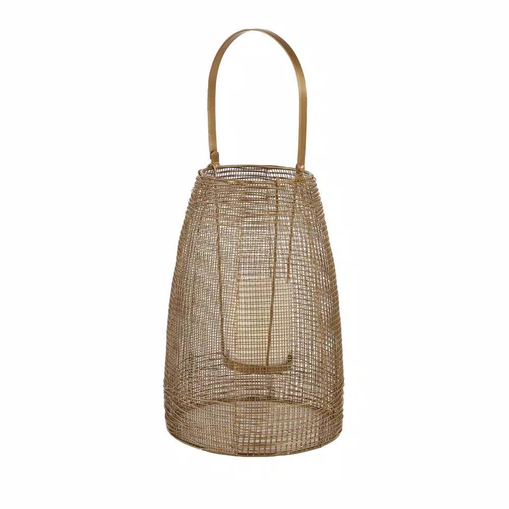 LITTON LANE Large Round Bronze Mesh Metal Lantern Candle Holder with Suspended Glass Hurricane