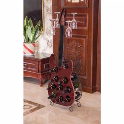 Vintiquewise Vintage Guitar Shaped Wine Holder - 9 Bottle Wood and Metal Freestanding Wine Rack with Glass Storage thumbnail 2