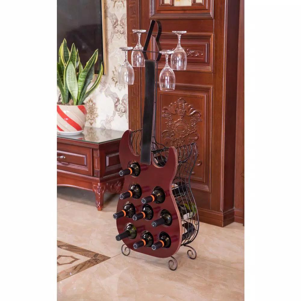 Vintiquewise Vintage Guitar Shaped Wine Holder - 9 Bottle Wood and Metal Freestanding Wine Rack with Glass Storage