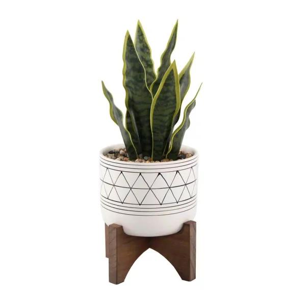 Flora Bunda 12 in. Artificial Snake Plant in White Ceramic GEO Pattern Pot with Wood Stand