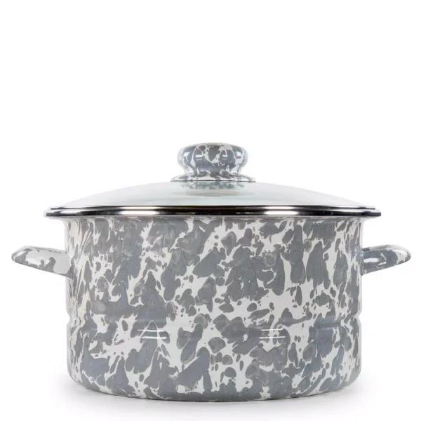 Golden Rabbit 6 qt. Porcelain-Coated Steel Stock Pot with Glass Lid, Grey Swirl