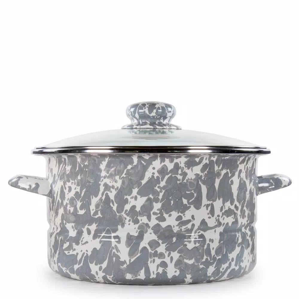 Golden Rabbit 6 qt. Porcelain-Coated Steel Stock Pot with Glass Lid, Grey Swirl