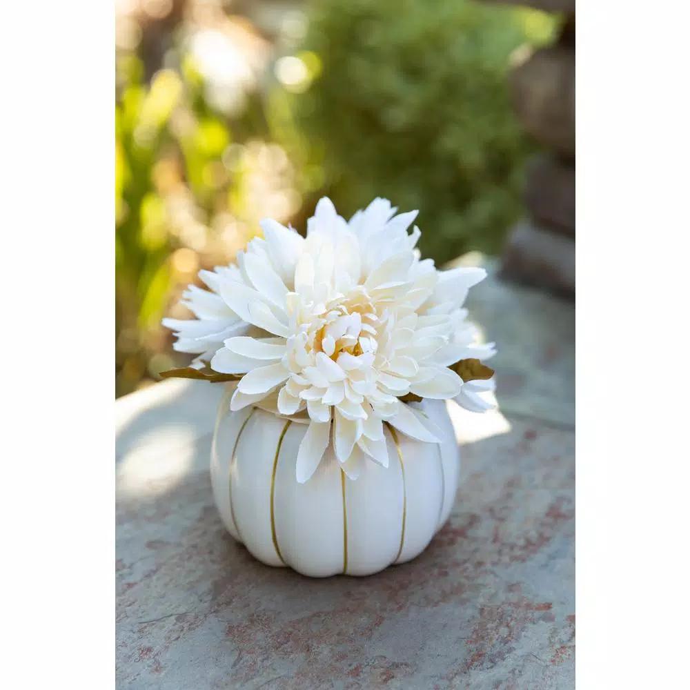 Flora Bunda 5.75 in. Cream White Faux Chrysanthemum Arrangement in Ceramic Pumpkin Pot with Gold Trim