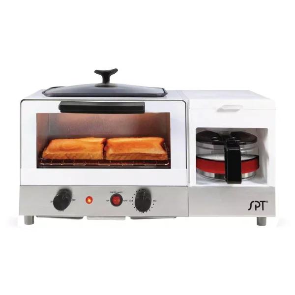 SPT 3-in-1 Breakfast Center 1450W Toaster Oven, Coffee Maker, and Griddle - White and Stainless Steel