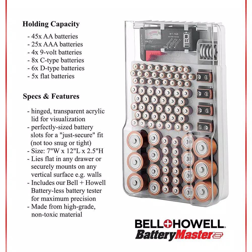 Bell + Howell Battery Master Battery Organizer with Tester - Large Capacity Storage Box for AA, AAA, 9V, C, D & Flat Batteries