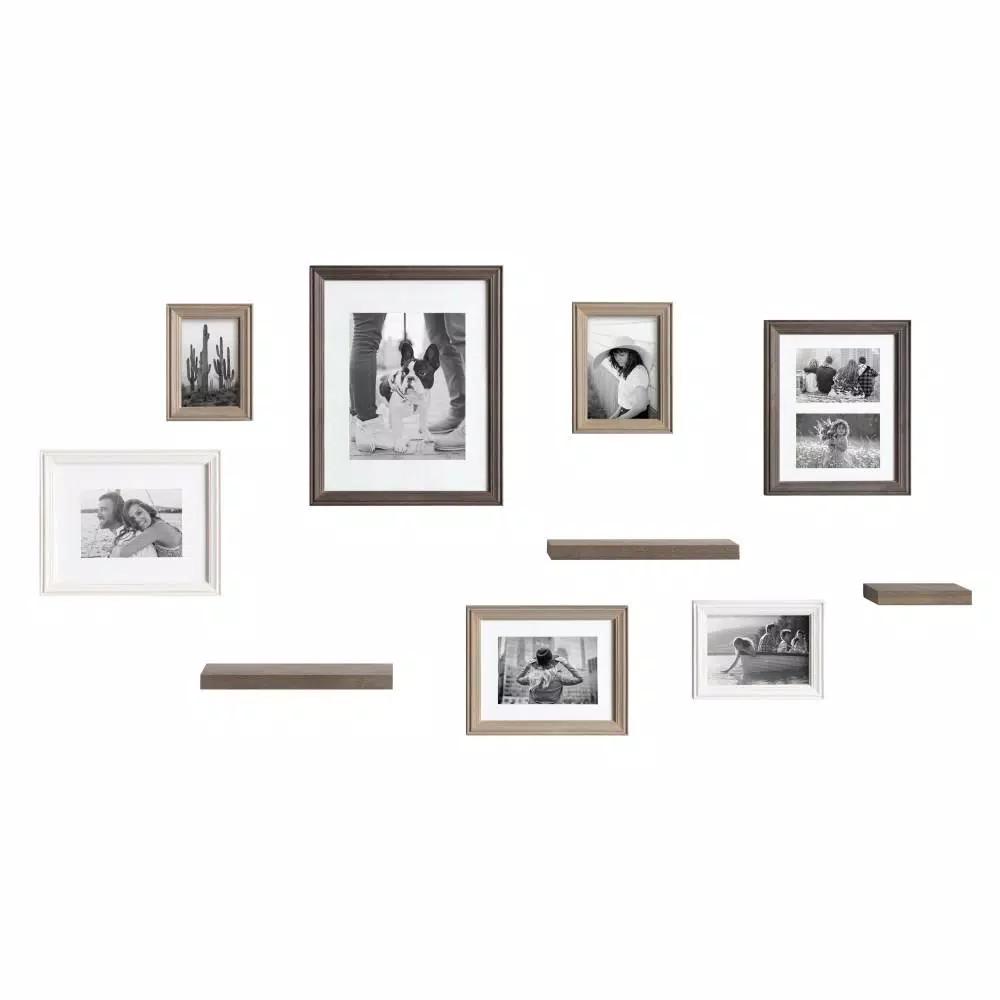 Kate and Laurel Bordeaux Rustic Farmhouse Gallery Wall Frame and Shelf Set, 10-Piece Multi/Gray Wood Collection