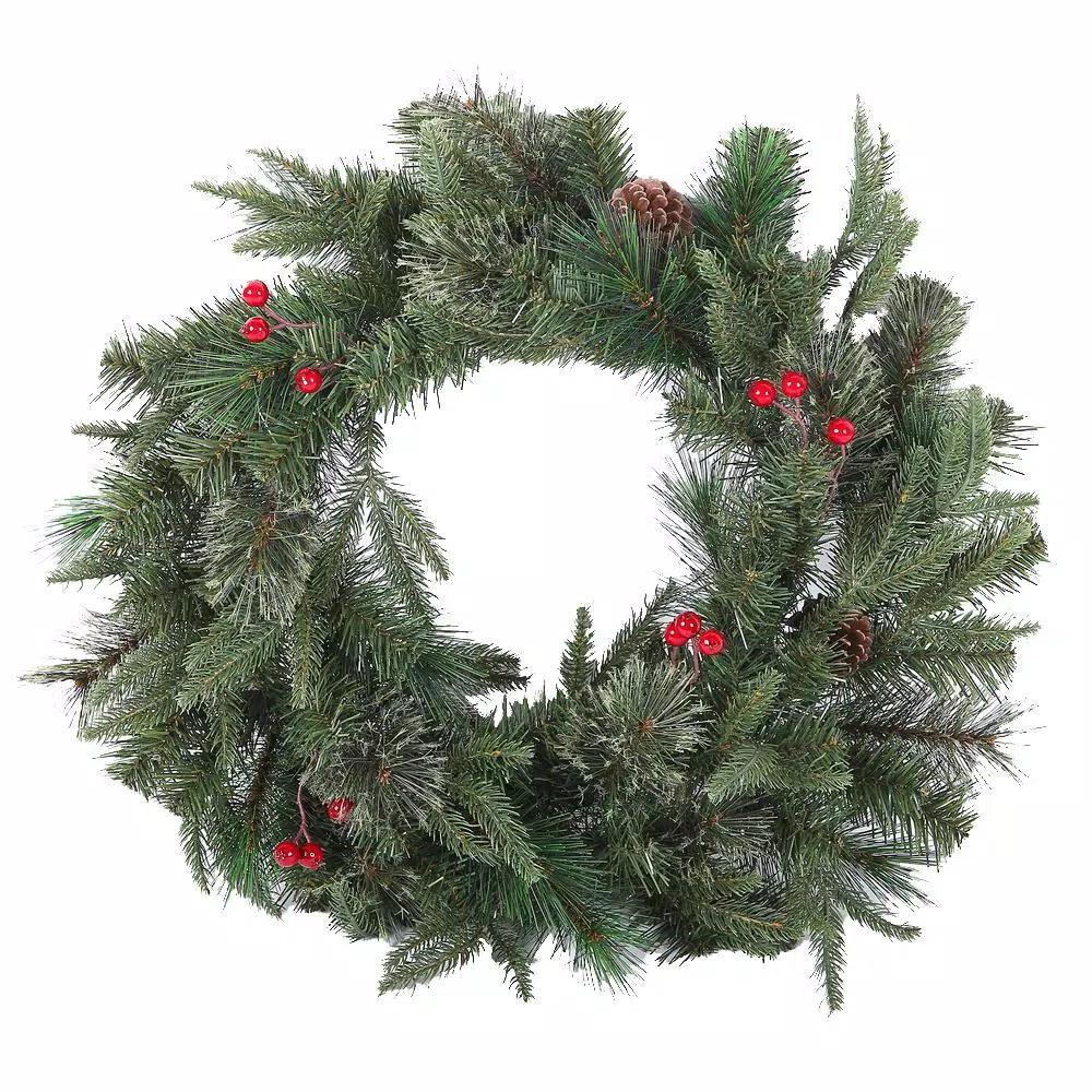 Winsome House 24 in. Artificial Pine and Cedar Wreath with Red Berries and Pinecones